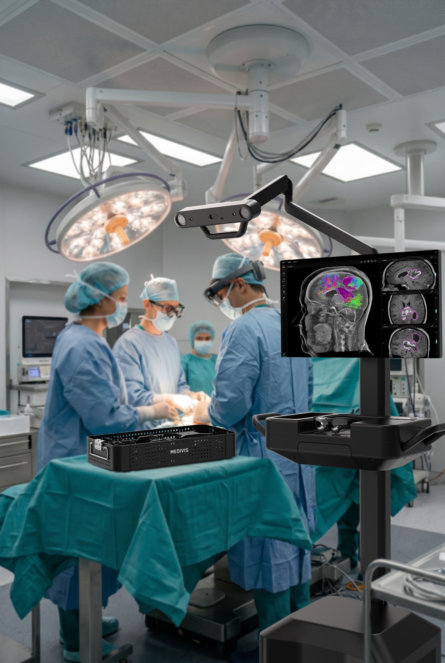 Die Medivis-Workstation und der Instrumententisch im Operationssaal