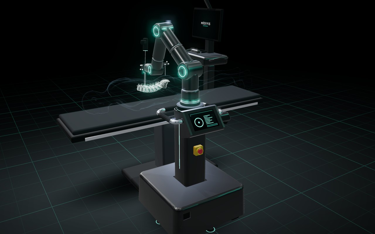 Frontier Robotics SimLab: 홀로그램 척추 옆에서 계획된 궤적에 가이드를 정렬하려는 로봇 팔