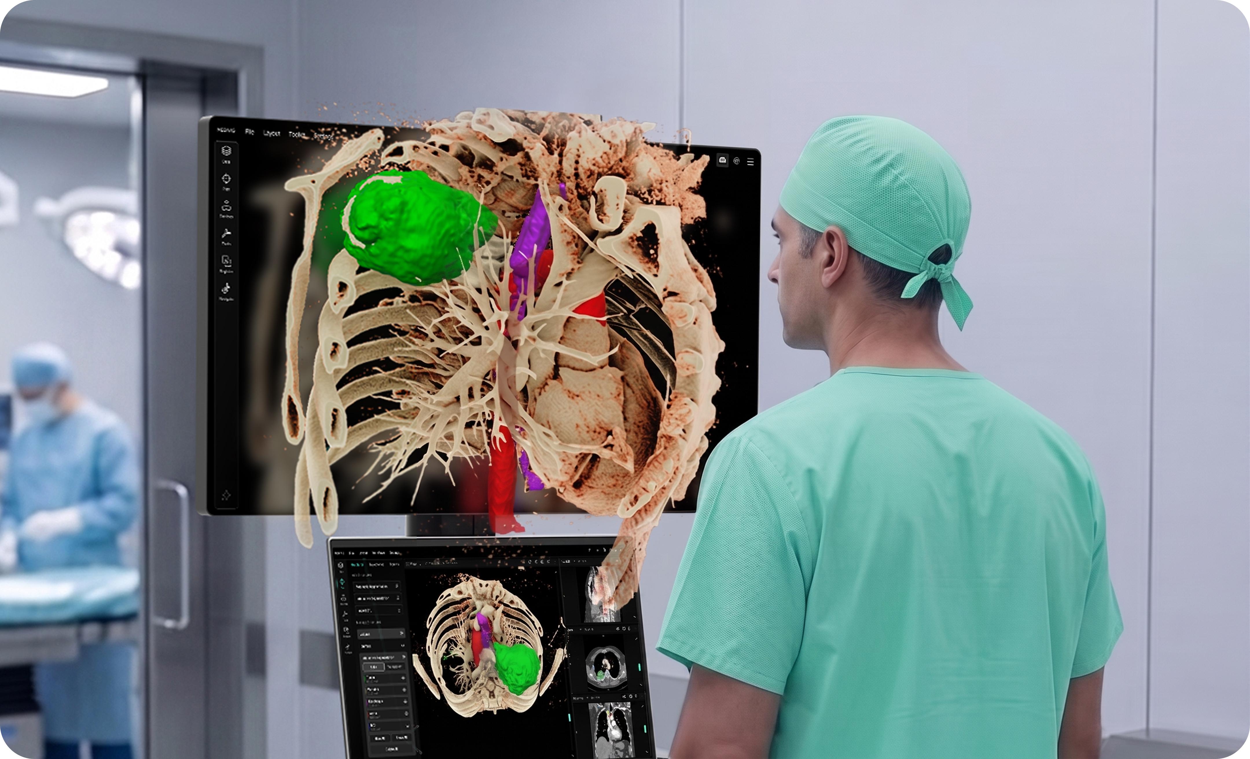 Ein Chirurg am Medivis Spatial Monitor im Operationssaal